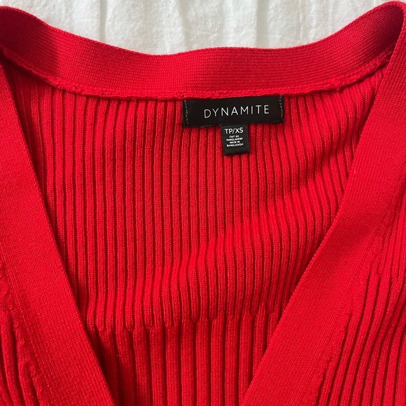 Red Ribbed V-Neck Button Cardigan Sweater - Picture 3 of 4